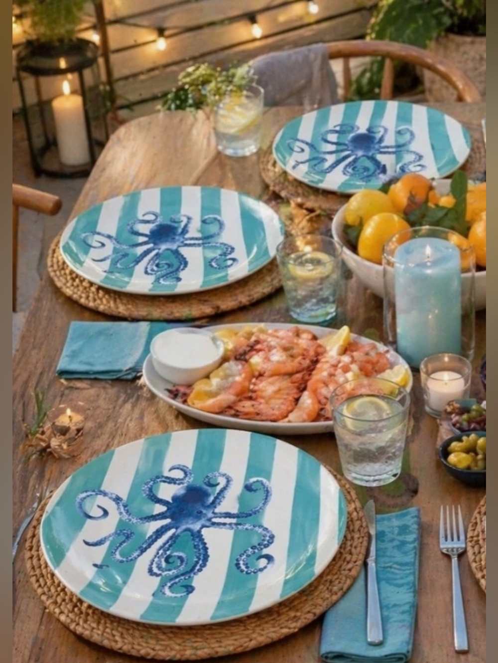 8pc Sigrid Olsen Blue Octopus Cabana Stripe Melamine Dinner Plate & Bowl Set New - Picture 10 of 10